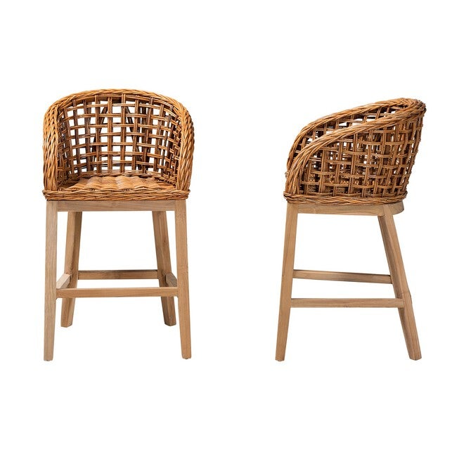 Mario Modern Bohemian Natural Brown Finished Teak Wood And Rattan 2-Piece Counter Stool Set, , alternate image number 2