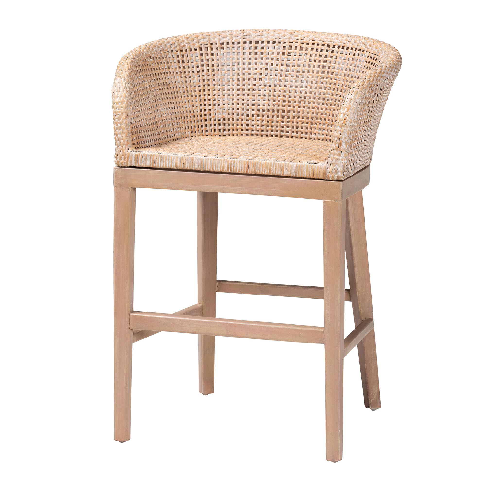Papua Modern Bohemian Antique White Washed Rattan and Mahogany Wood Counter Stool, BROWN, alternate image number 1