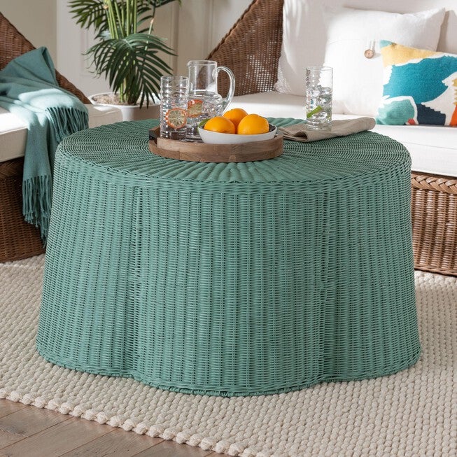 bali & pari Palm Bohemian Seafoam Green Scalloped Rattan Coffee Table, SEAFOAM GREEN, hi-res image number null