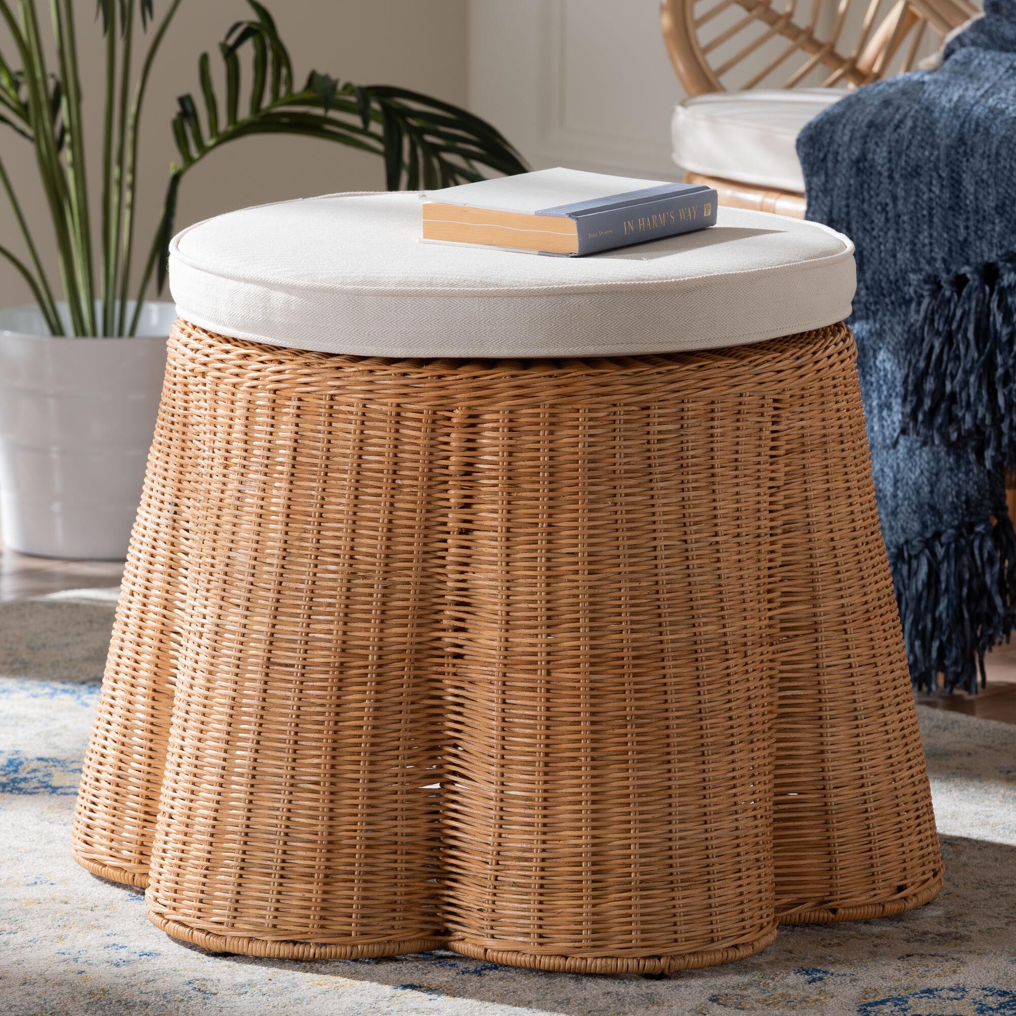 Palm Scallop Natural Rattan Ottoman, 26 inches Round, LIGHT HONEY, alternate image number 5