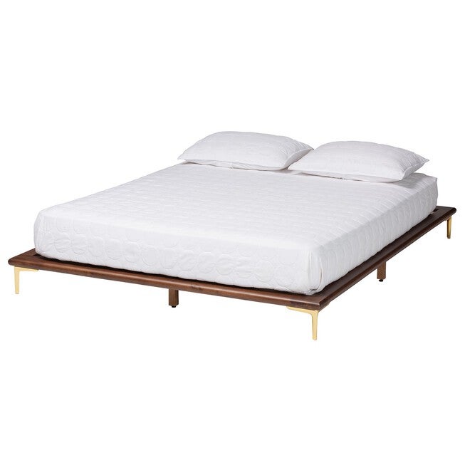 Channary Mid-Century Modern Transitional Walnut Brown Finished Wood And Gold Metal King Size Bed Frame, WALNUT BROWN GOLD, hi-res image number 0