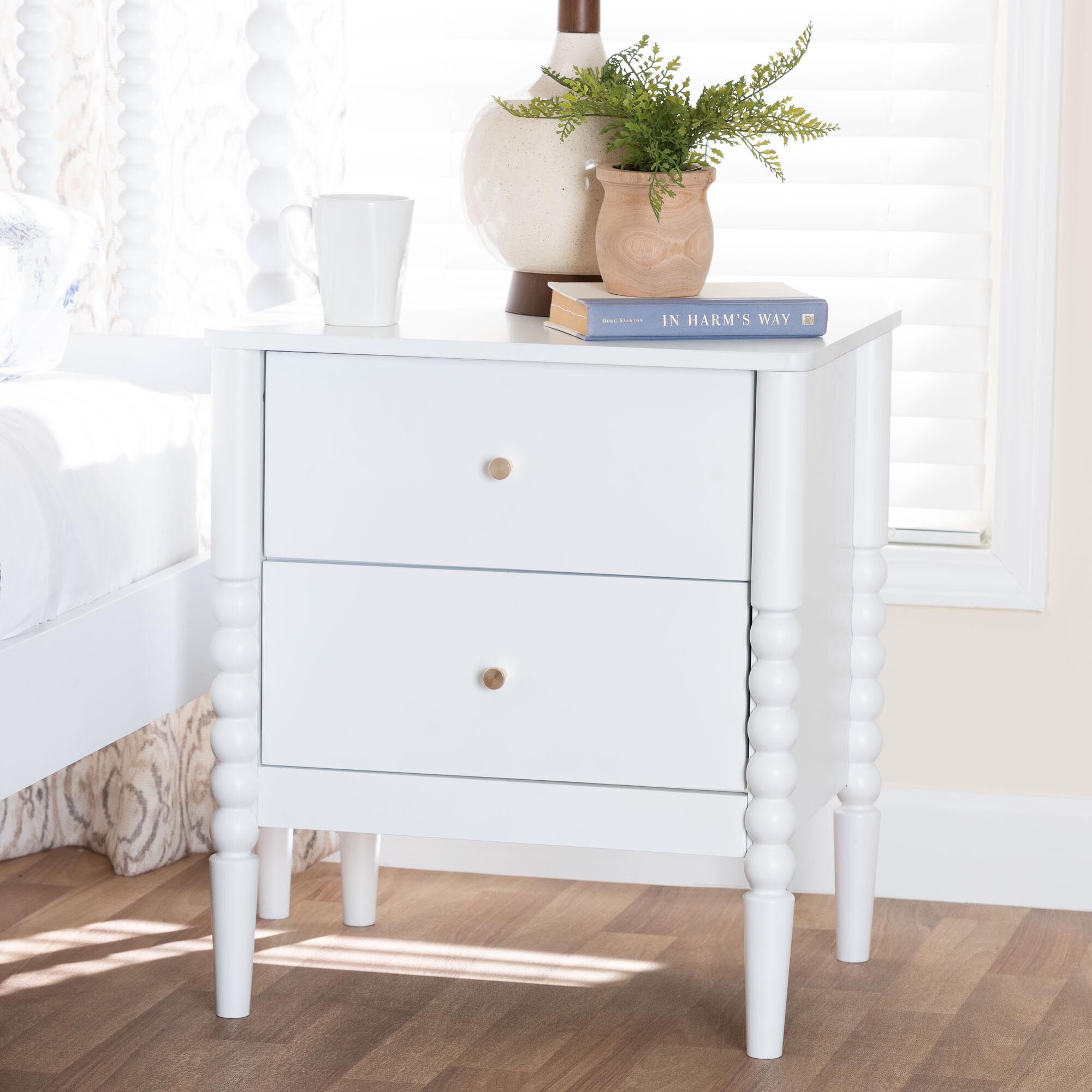 Lucera Mid-Century White 2-Drawer Bobbin Nightstand, WHITE, hi-res image number 0
