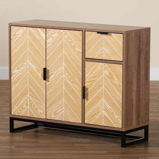 Josephine Mid-Century Modern Transitional Two-Tone Walnut And Natural Brown Finished Wood And Black Metal 3-Door Sideboard, , alternate image number null