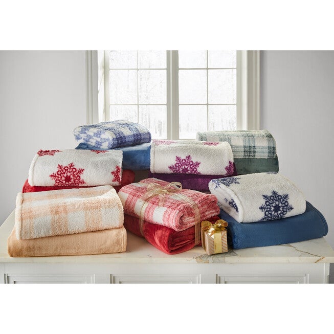 Seasonal Fleece Blanket + Free Throw, Blue Snowflake Brylane Home