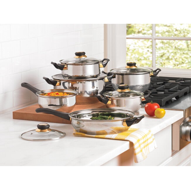 12-PC. Mirror Polish Stainless Steel Cookware Set with Bakelite Handles, STAINLESS GOLD, hi-res image number 0