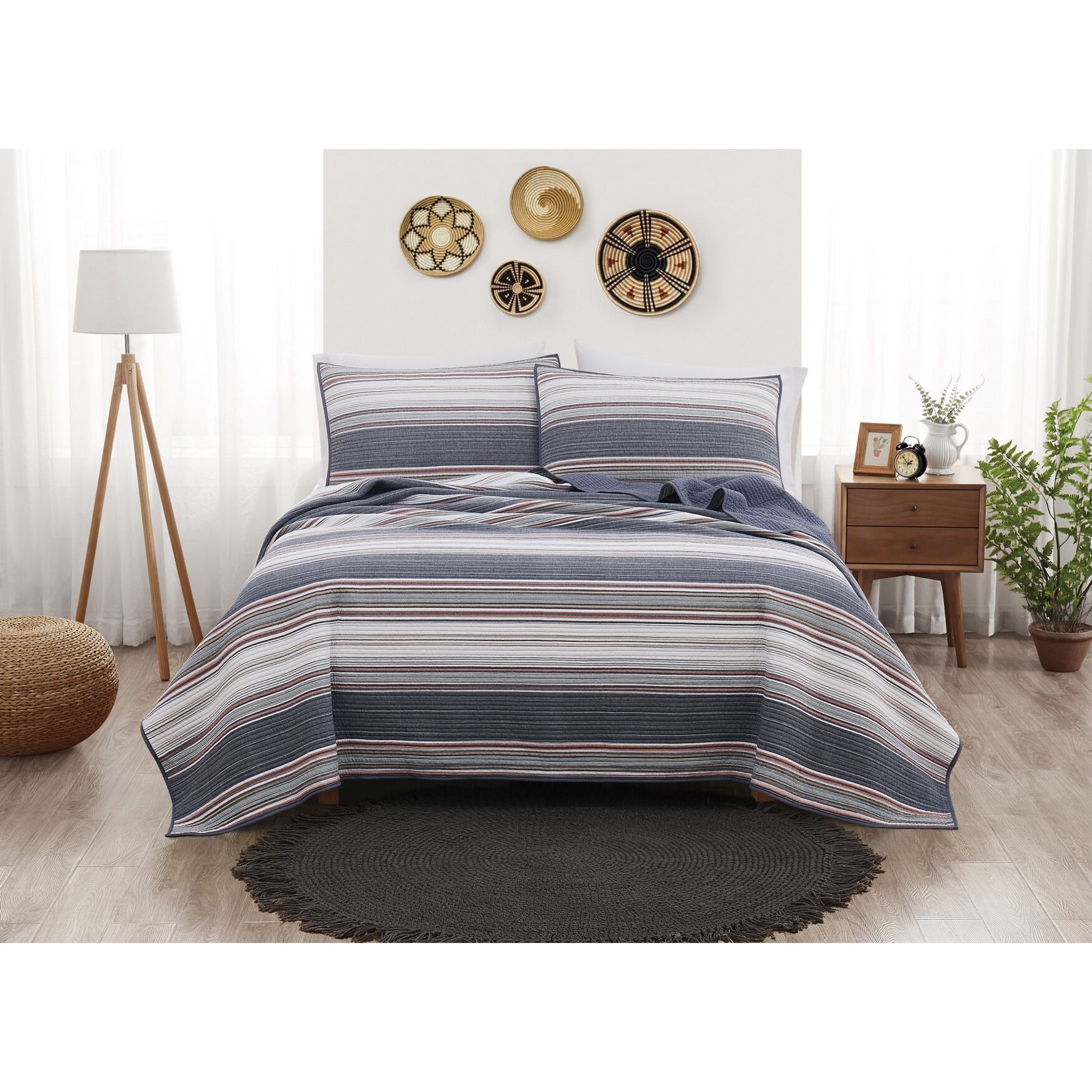 Simple Hudson Stripe Yarn Dye 3 Piece Quilt Set, Blue | Brylane Home