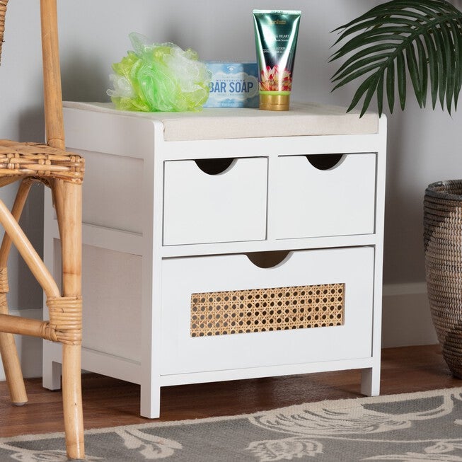 Bastian Modern And Contemporary Light Beige Fabric And White Finished Wood 3-Drawer Storage Bench With Natural Rattan, , alternate image number null