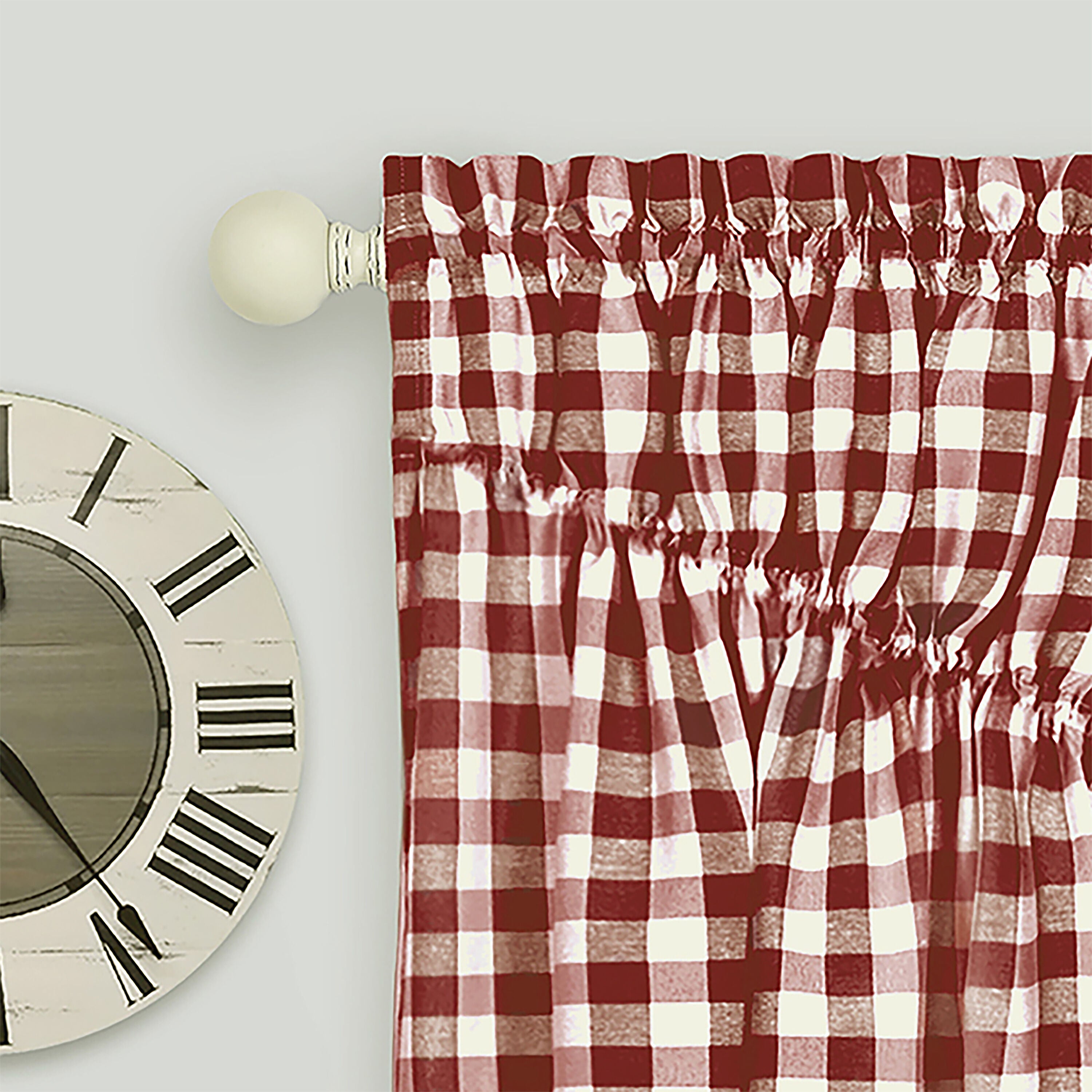 Buffalo Check Gathered Swag Window Curtain Pair, BURGUNDY, alternate image number 2