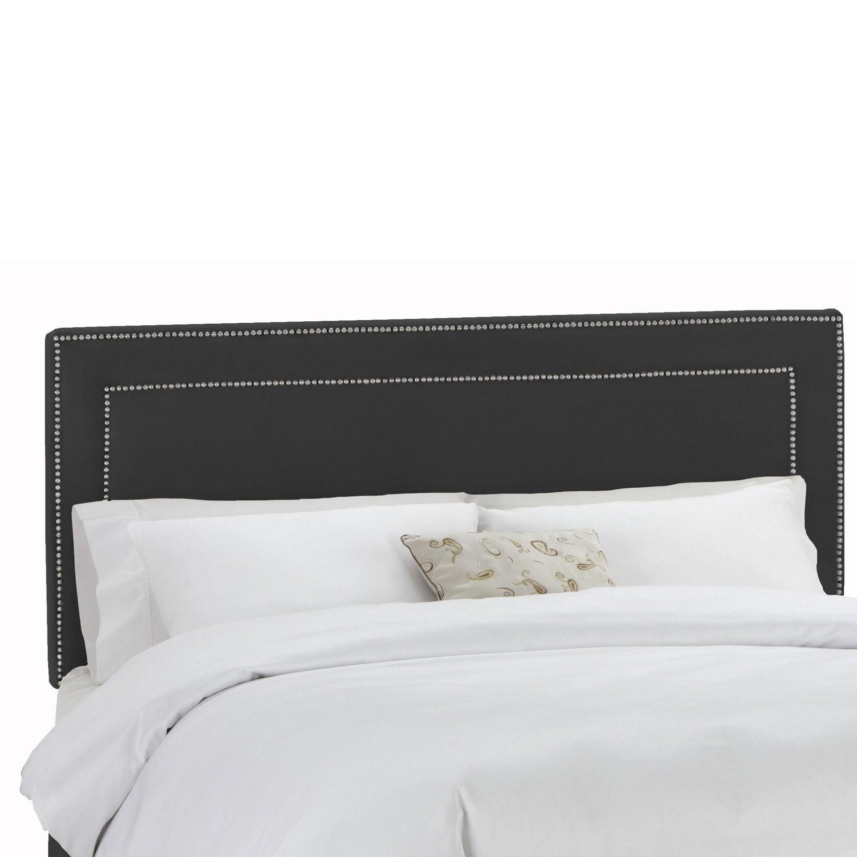 Velvet with Brass Nailhead Trim Full Headboard, BLACK, hi-res image number 0