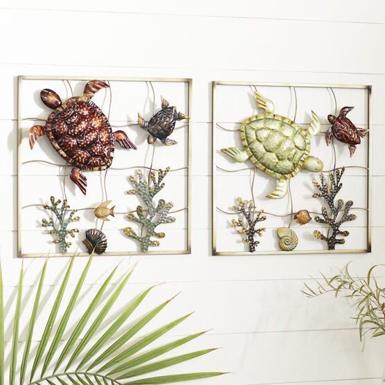 Set Of 2 Gold Metal Coastal Sea Life Wall Decor, , alternate image number null