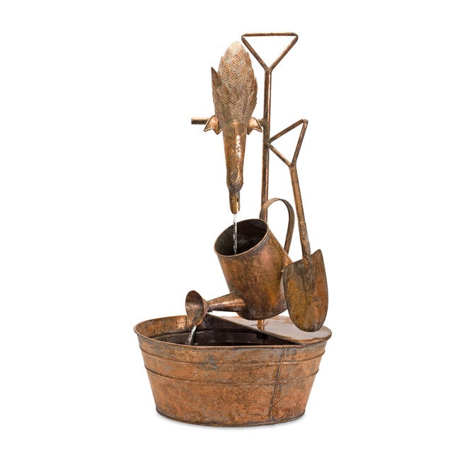 Rustic Metal Fountain With Duck And Watering Can 33 inchesH, COPPER, hi-res image number null