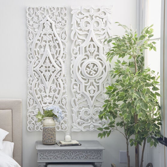 Set Of 2 White Mango Wood Farmhouse Abstract Wall Décor, , alternate image number null
