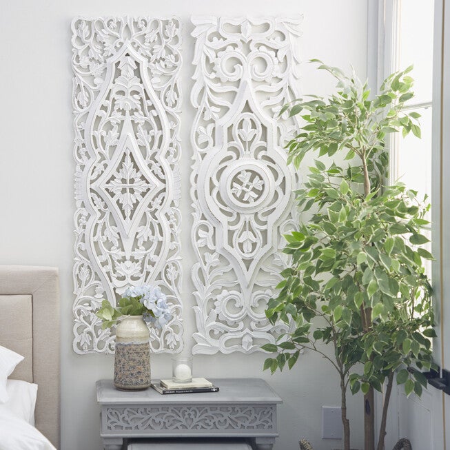 Set Of 2 White Mango Wood Farmhouse Abstract Wall Décor, , alternate image number null