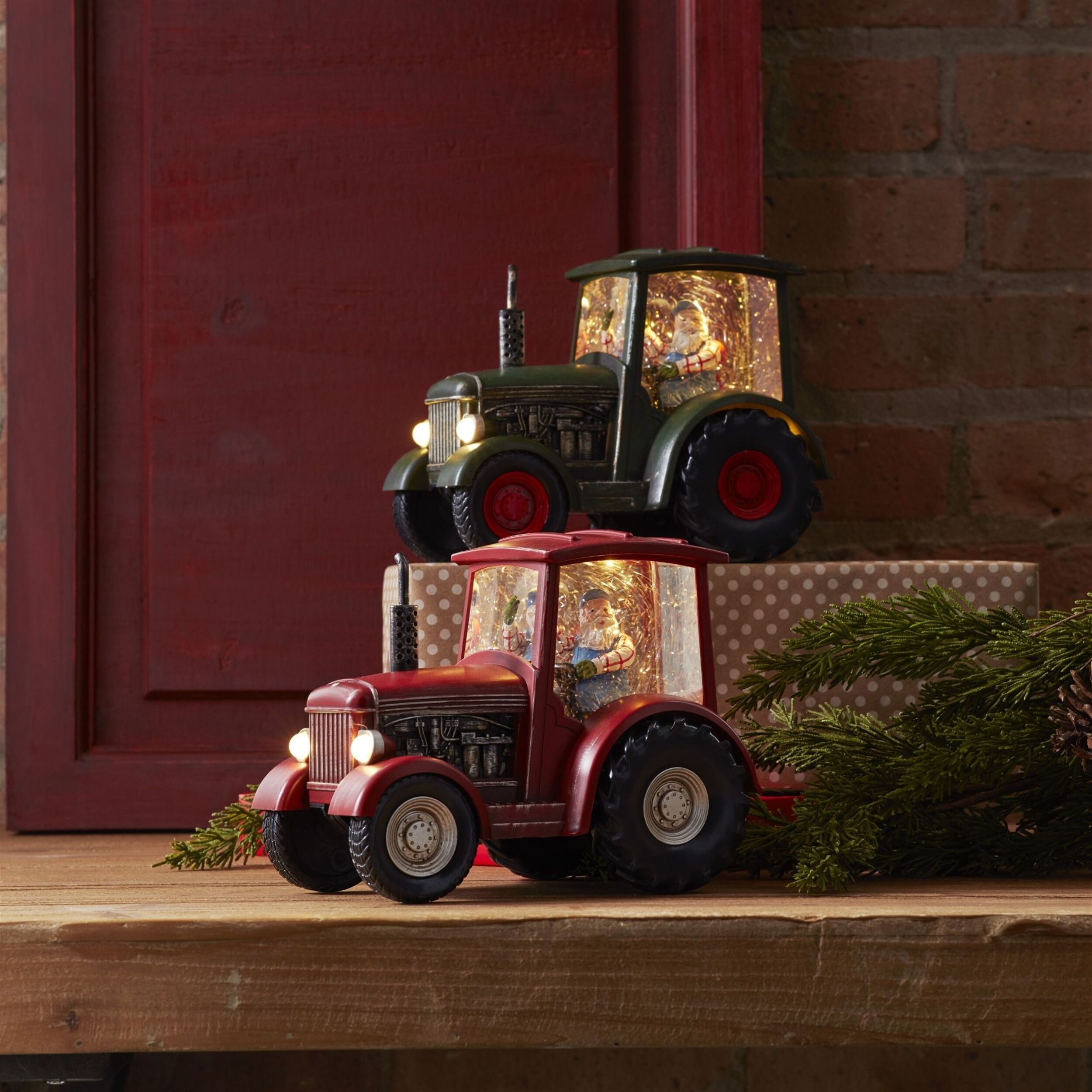 LED Snow Globe Tractor with Farmer Santa (Set of 2), RED GREEN, alternate image number 1