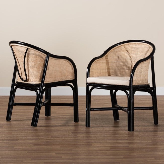 Miranda Modern Bohemian Two-Tone Black And Natural Brown Rattan 2-Piece Dining Chair Set, , alternate image number 6