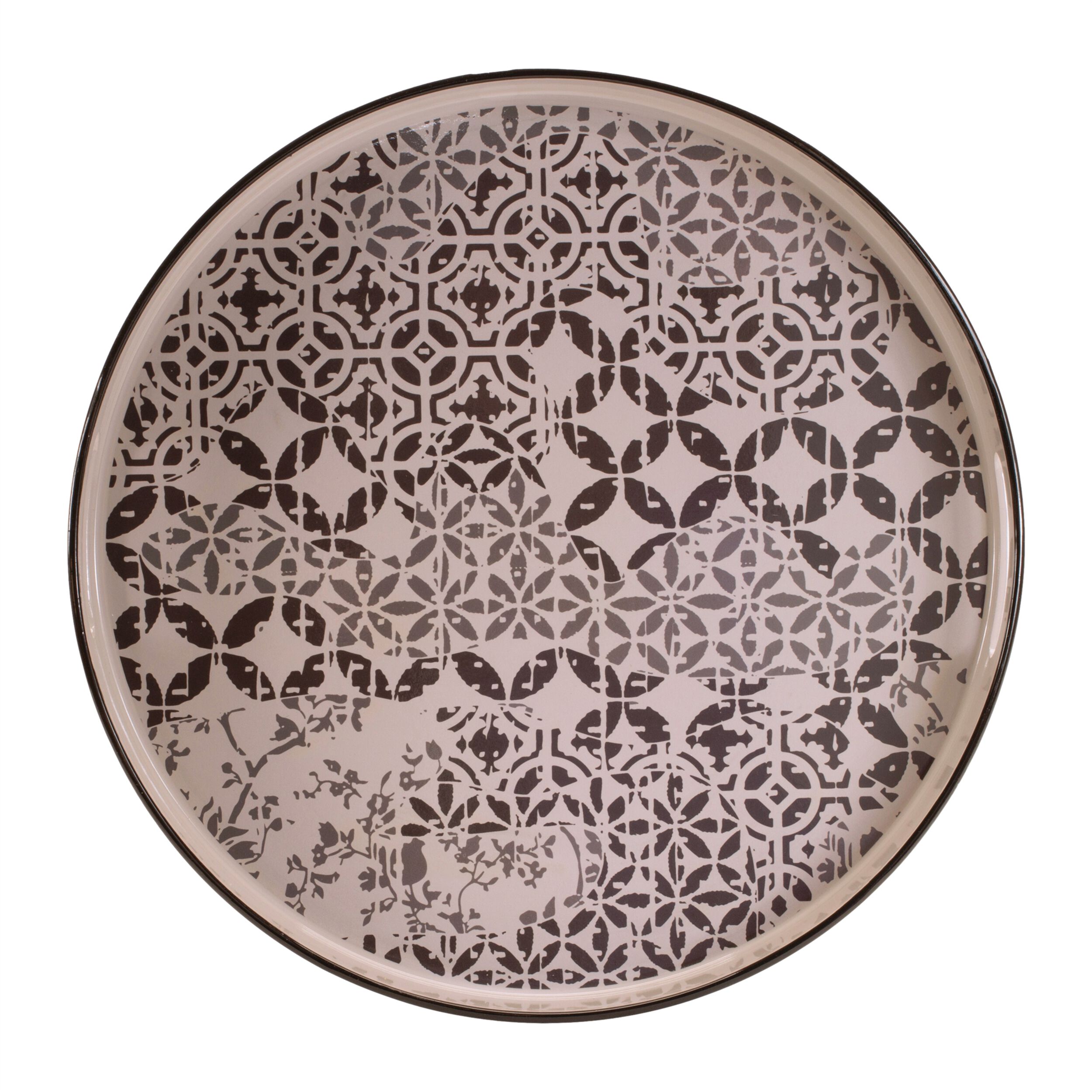 Round Ornate Geometric Print Tray 17.5IND, WHITE BEIGE, alternate image number 1