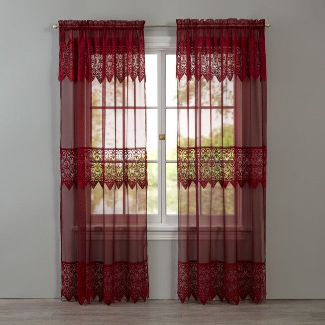 Valerie Sheer Lace Rod-Pocket Panel with Attached Valance, BURGUNDY, hi-res image number 0