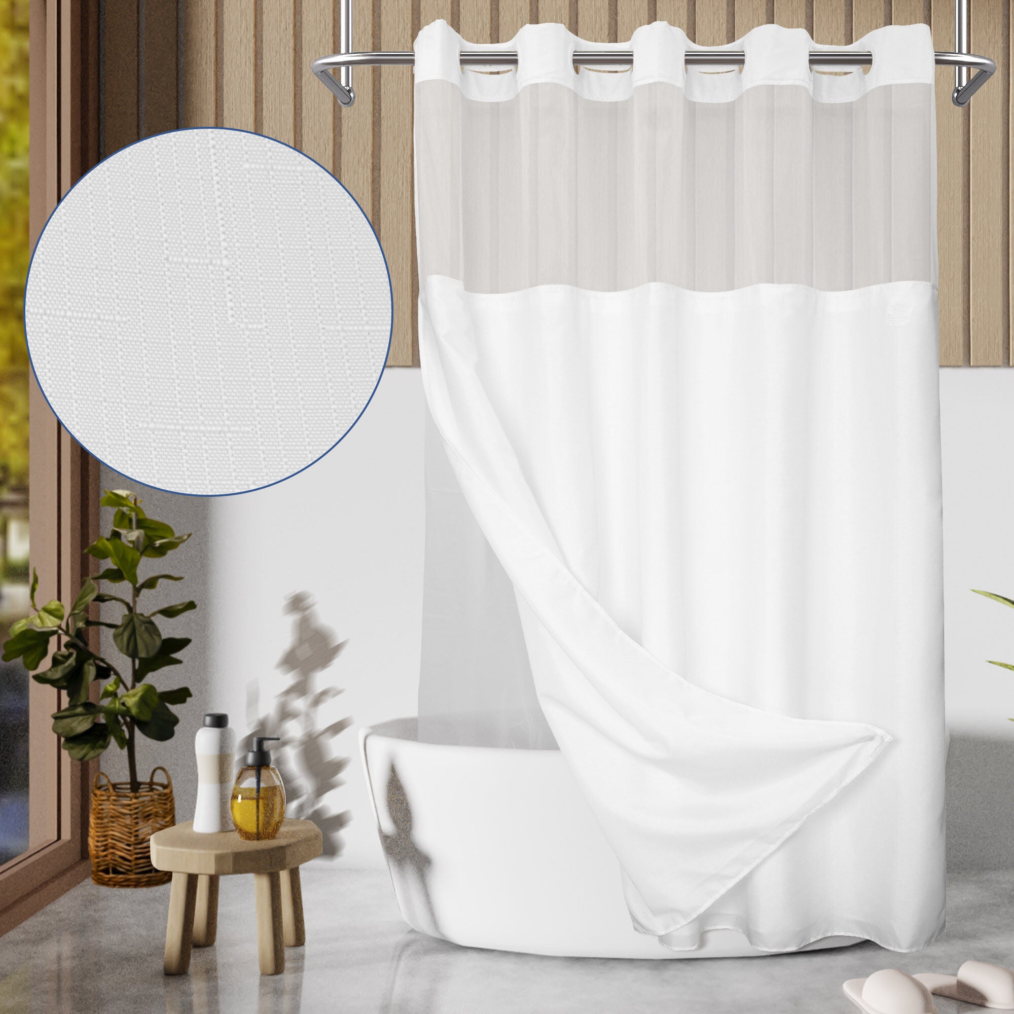 No Hook Slub Linen Texture Shower Curtain with Peva Snap-in Liner