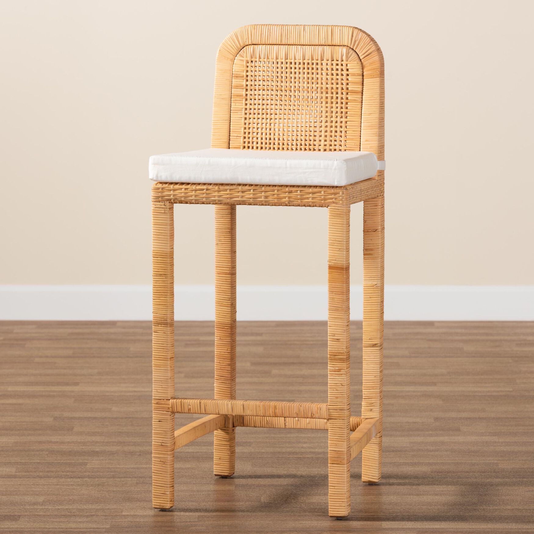 Zariah Modern Bohemian Natural Brown Rattan And Mahogany Wood Bar Stool, , alternate image number 6