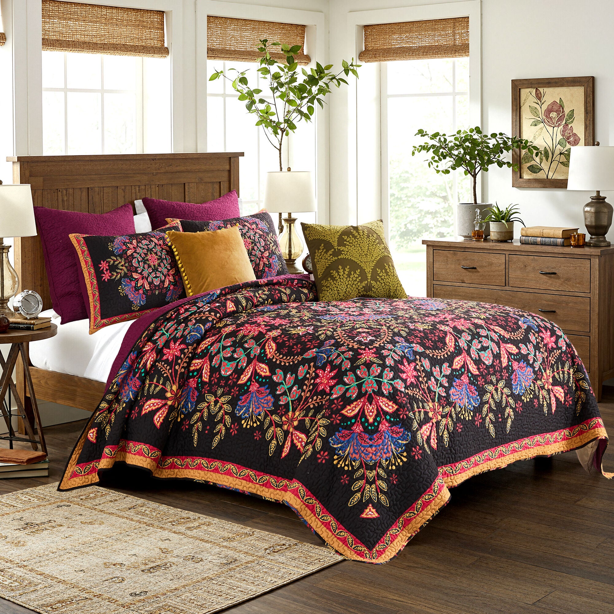 Jessa Ornate Botanical Finely Stitched Quilt Set, MIDNIGHT, alternate image number 4