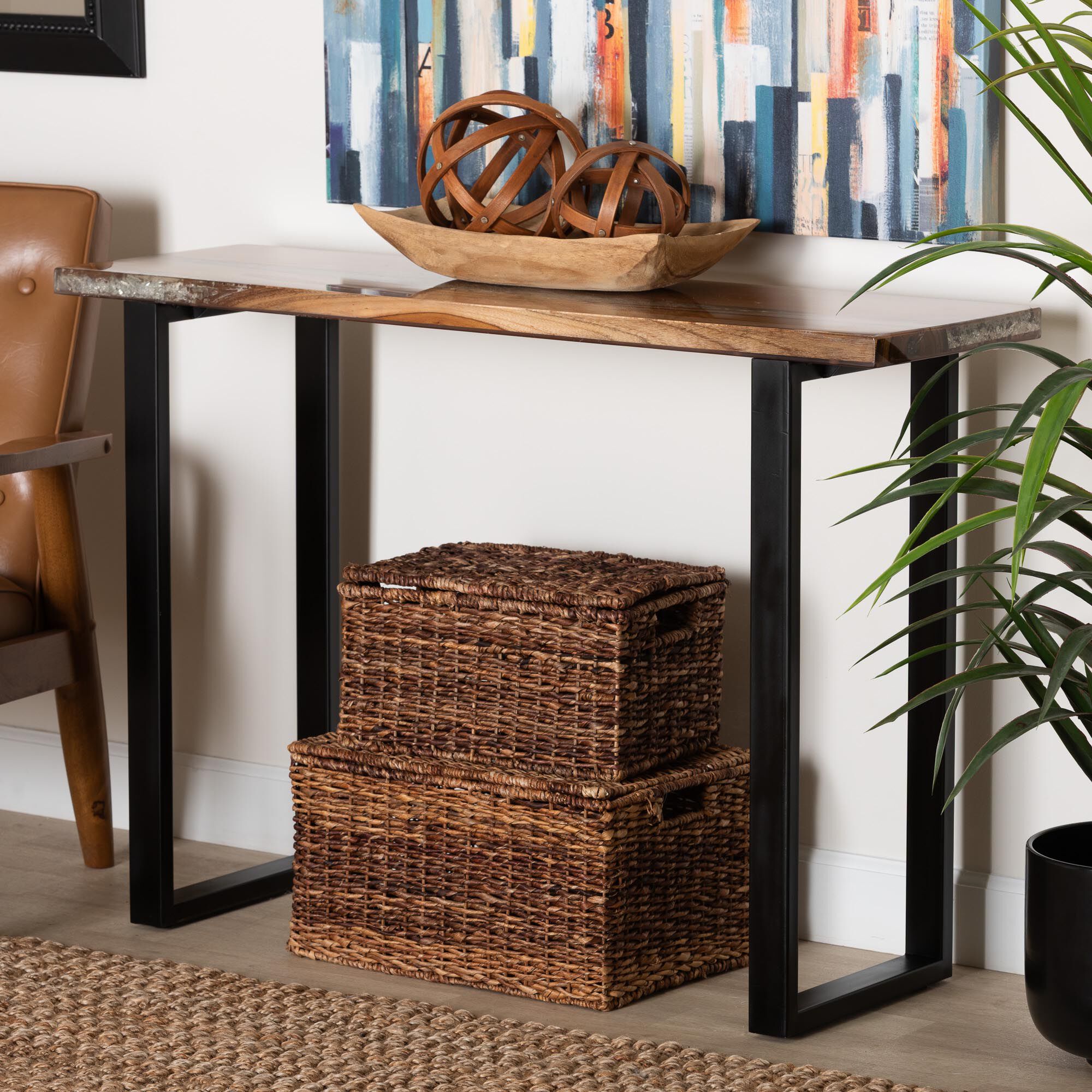 Apio Wood Epoxy Resin Console Table with Glass Inlay, BROWN, hi-res image number 0