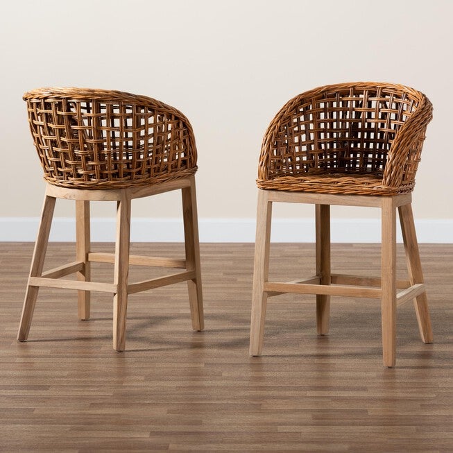 Mario Modern Bohemian Natural Brown Finished Teak Wood And Rattan 2-Piece Counter Stool Set, , alternate image number 7