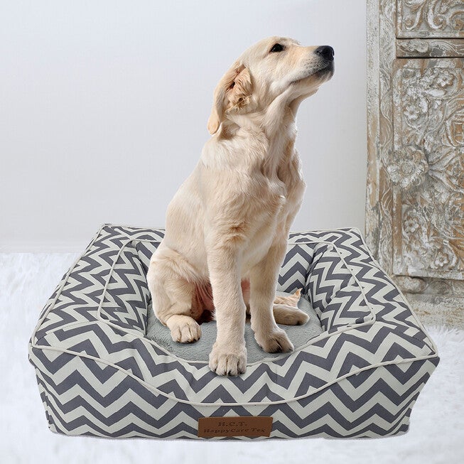 Chevron poly-cotton bolster with detachable faux fur cushion Medium Size, GREY, hi-res image number null