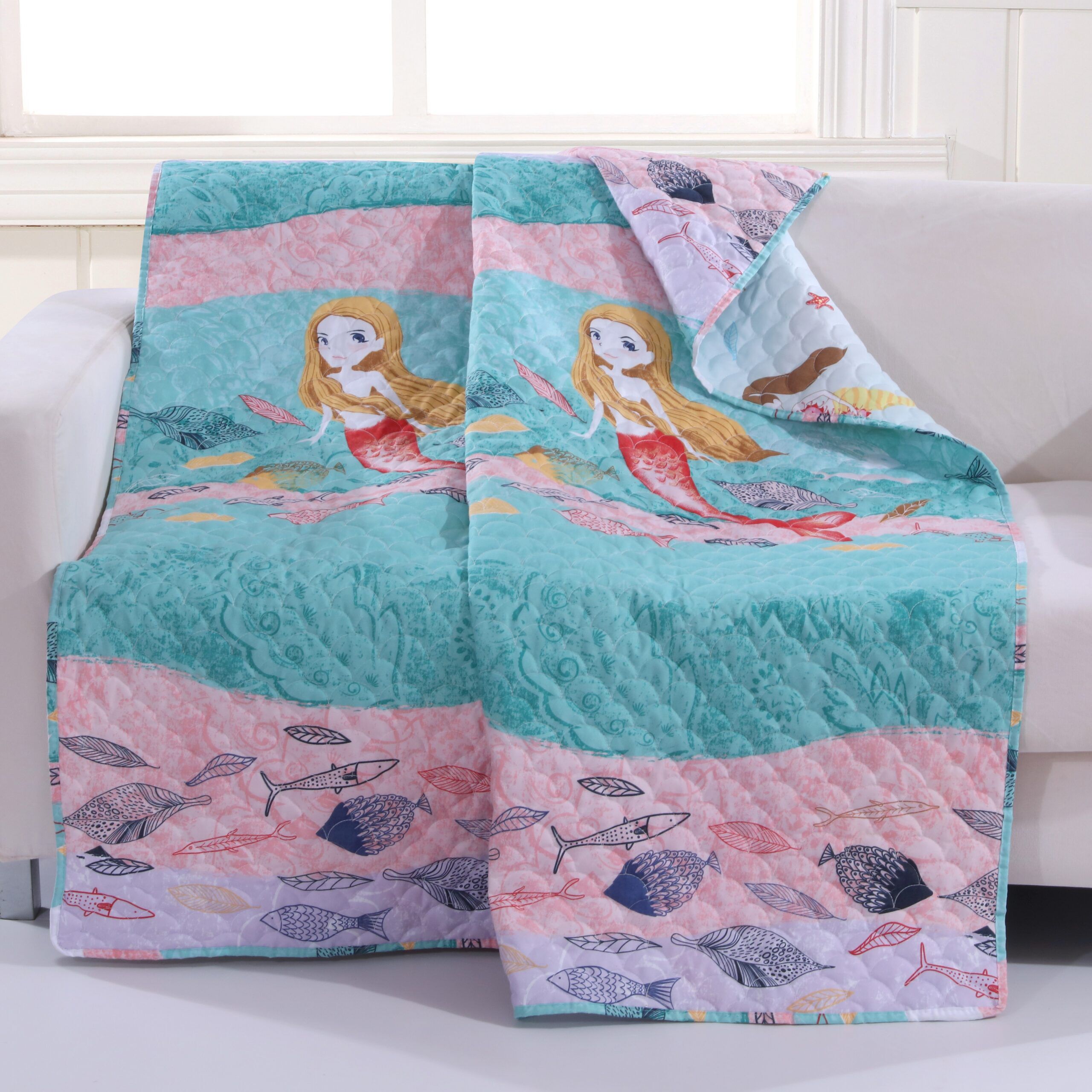 Mermaid Novelty Quilted Throw Blanket, MULTI, hi-res image number 0