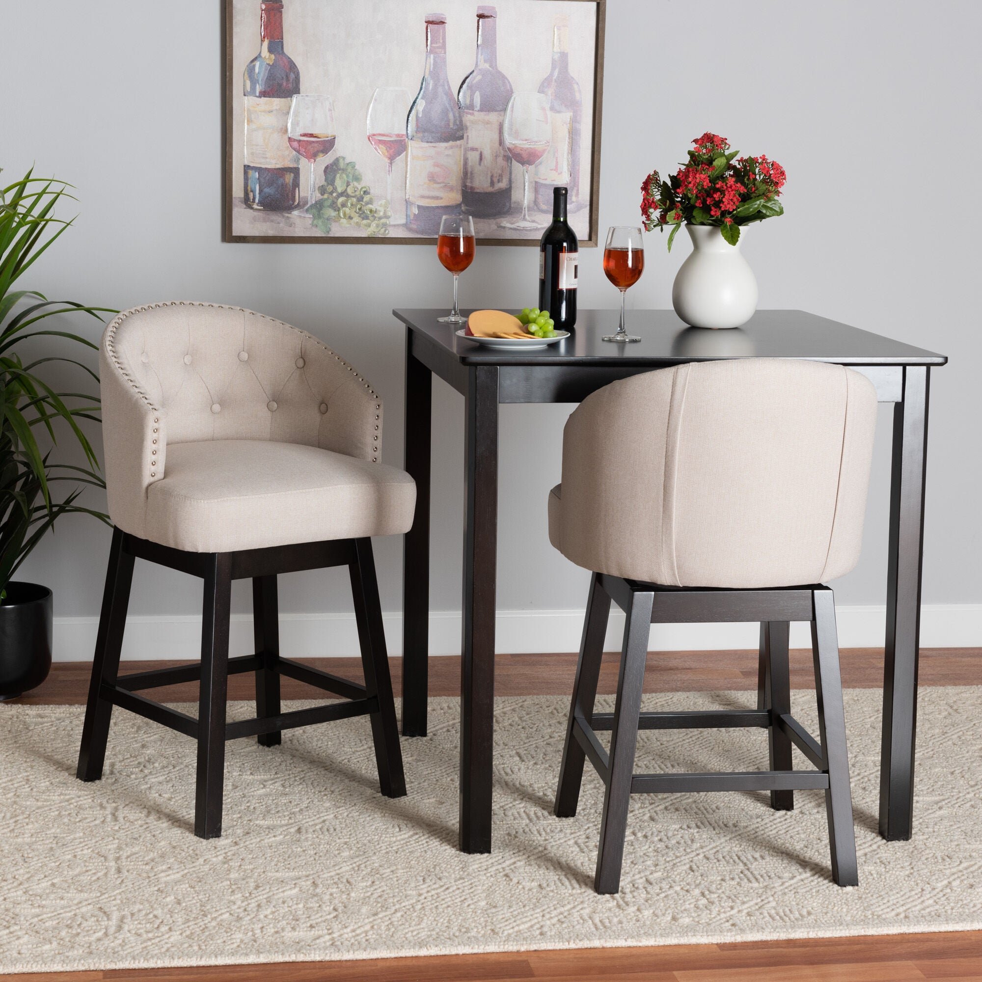 Theron Mid-Century Transitional Black Faux Leather and Espresso Brown Finished Wood 2-Piece Swivel Counter Stool Set, BEIGE, hi-res image number 0