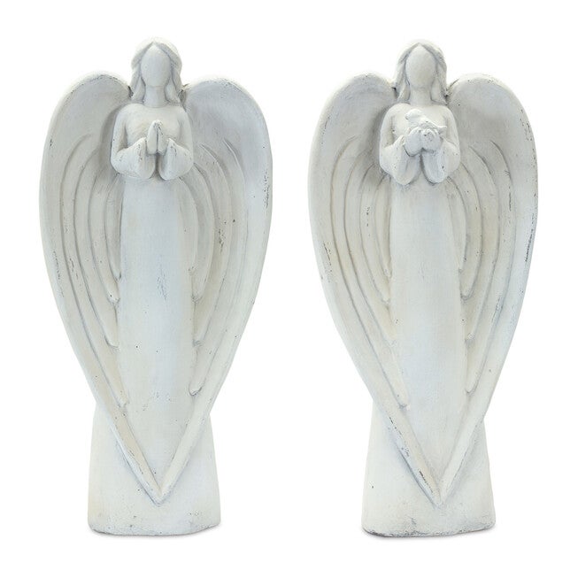 Stone Garden Angel Statue With Bird Accent (Set Of 2), WHITE, hi-res image number null