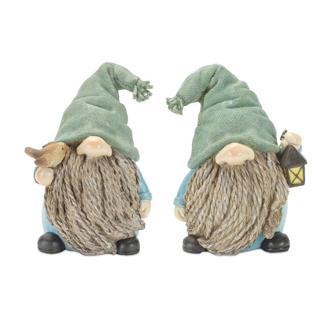 Stone Garden Gnome Figurine With Bird And Lantern Accent (Set Of 4), BLUE, hi-res image number 0