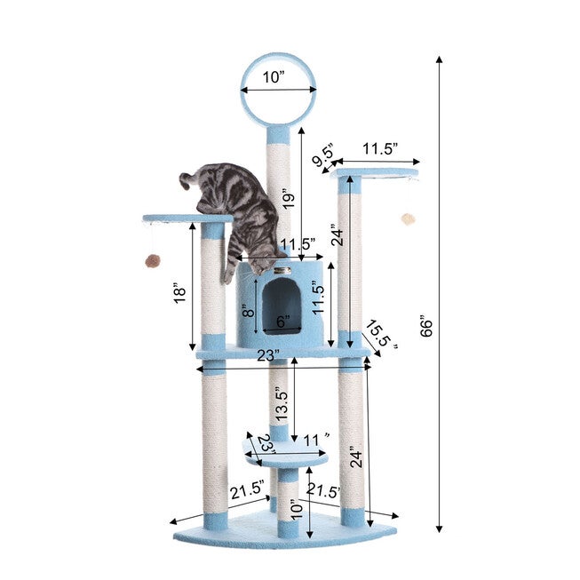 Classic 65 inches Real Wood Five Levels Cat Tree With Perch, Condo, Hanging Tunnel, , alternate image number null