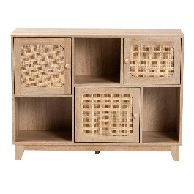 Elsbeth Mid-Century Modern Light Brown Finished Wood And Natural Rattan 3-Door Sideboard, , alternate image number 2