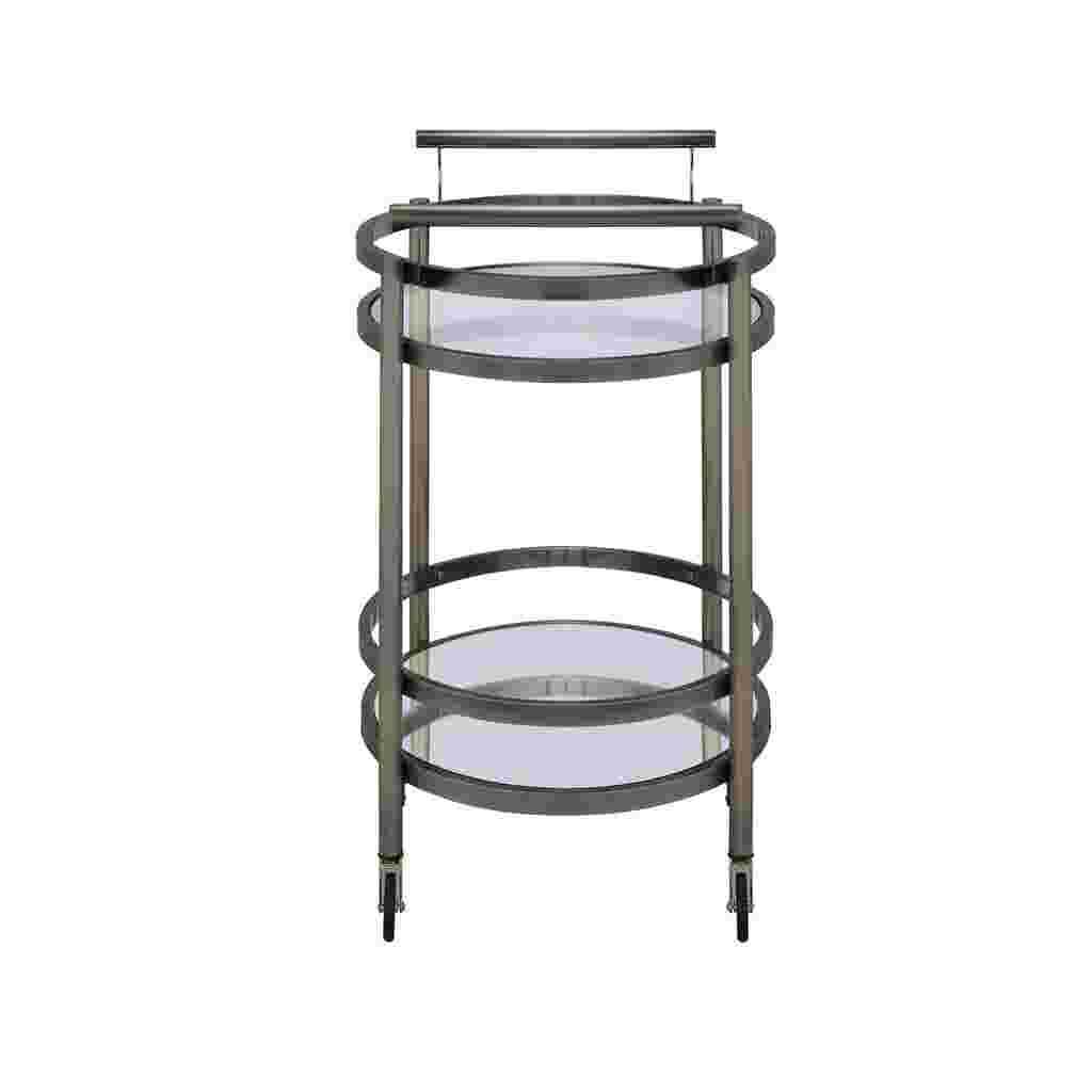 A two-tiered serving cart with a metal frame and glass shelves.