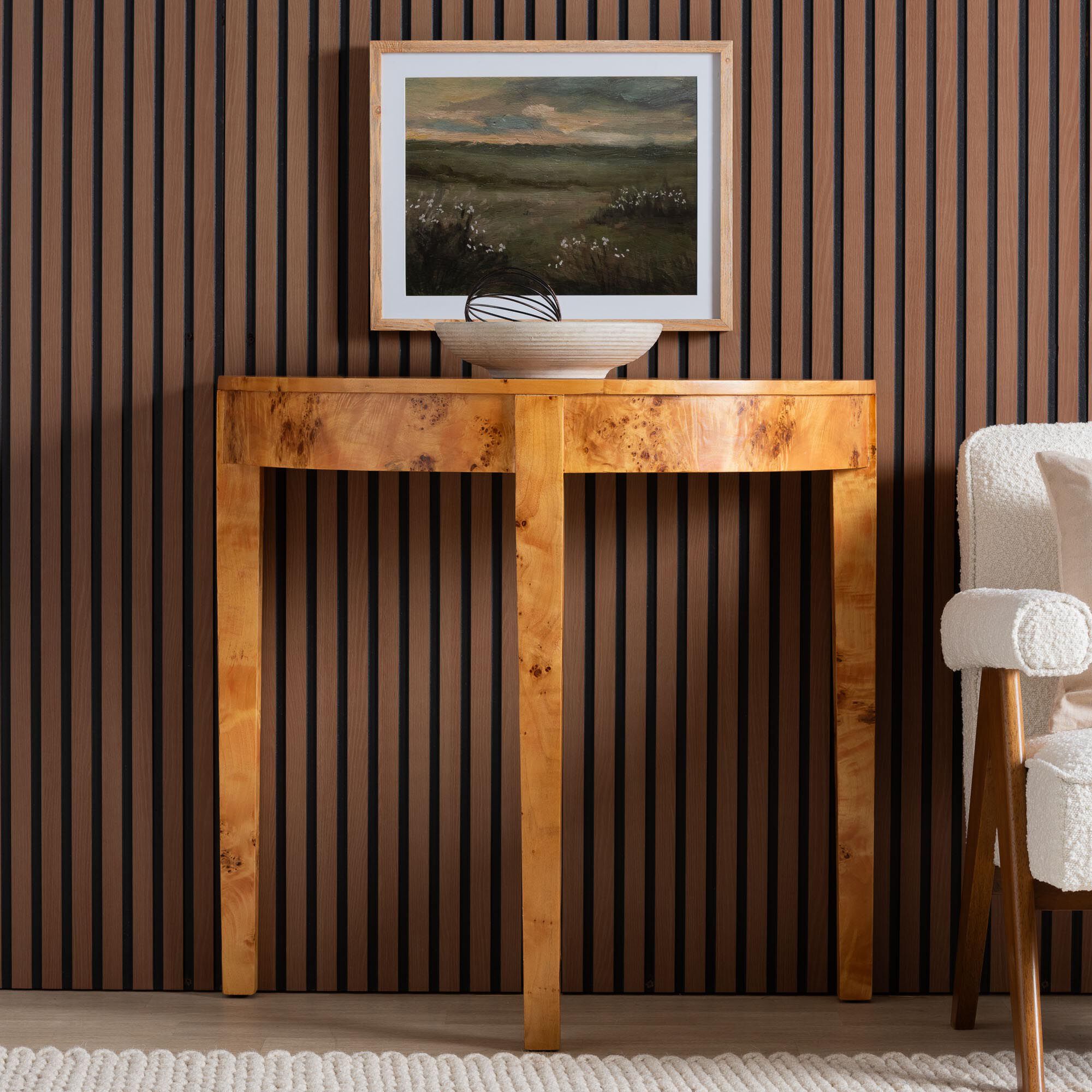 Jihan Modern and Contemporary Natural Real Burl Wood Half-Moon Console Table, LIGHT MAPPA BURL, hi-res image number 0