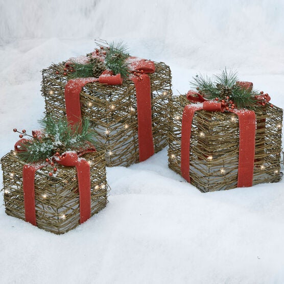 Set of 3 PreLit Rattan Gift Boxes Brylane Home