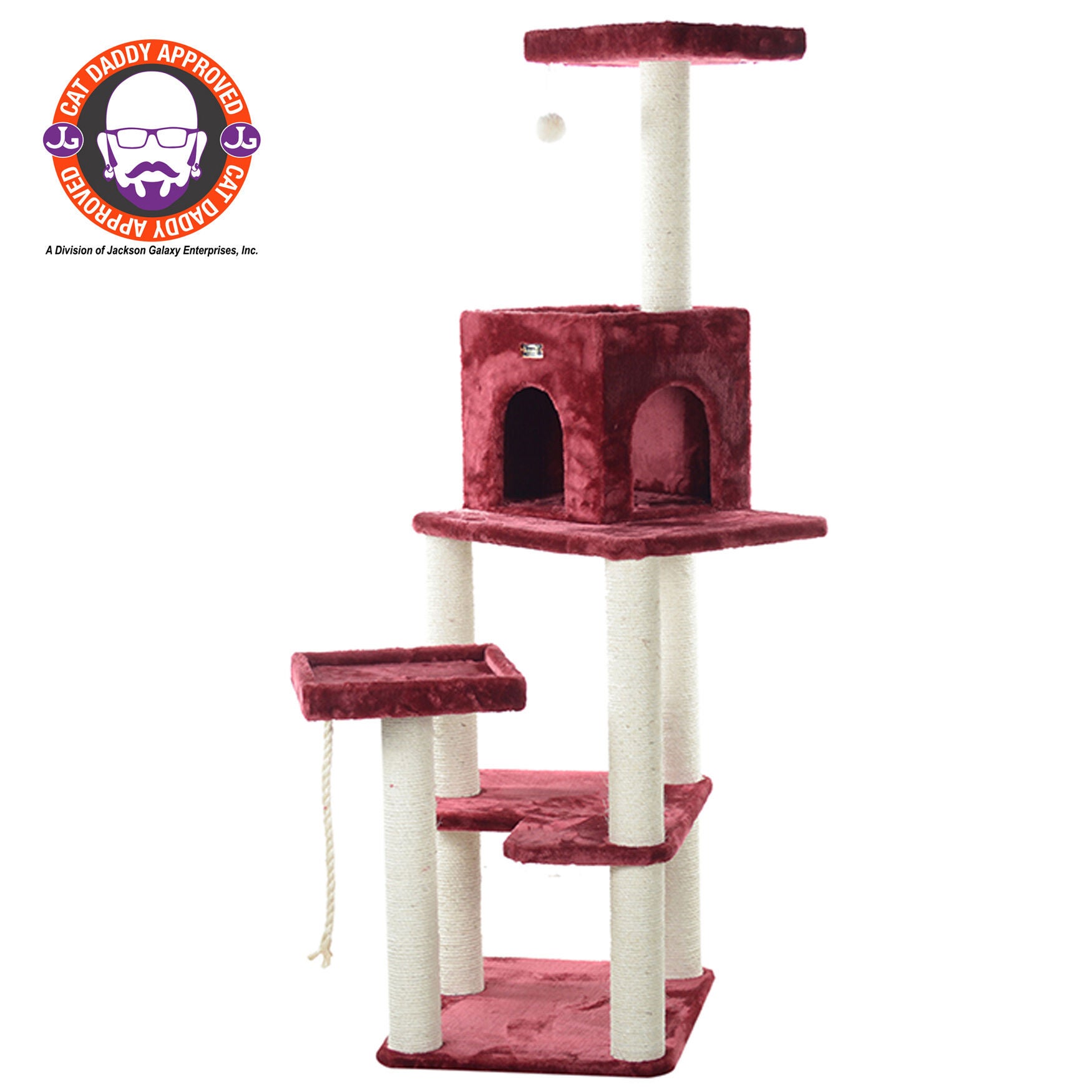 Real Wood 69 inches Faux Fur Covered Cat Condo House Tower, BURGUNDY, hi-res image number 0