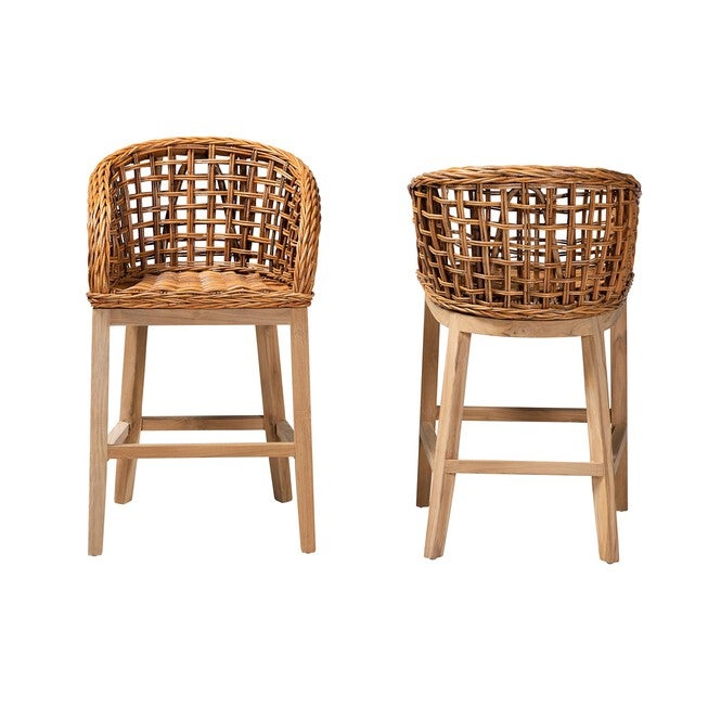 Mario Modern Bohemian Natural Brown Finished Teak Wood And Rattan 2-Piece Counter Stool Set, , on-hover image number 1