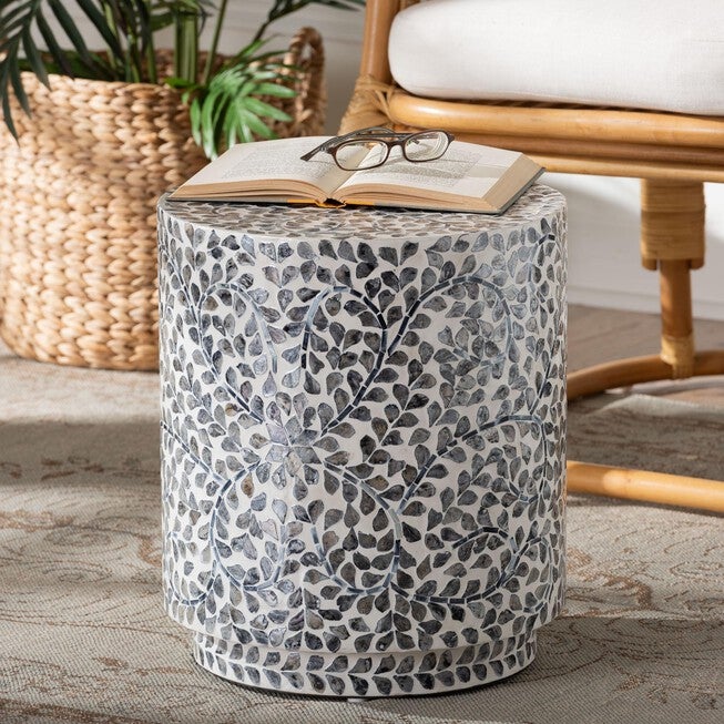 Marilla Coastal Black and White Mother of Pearl Capiz Shell Ottoman Footstool, MOSAIC, alternate image number 5