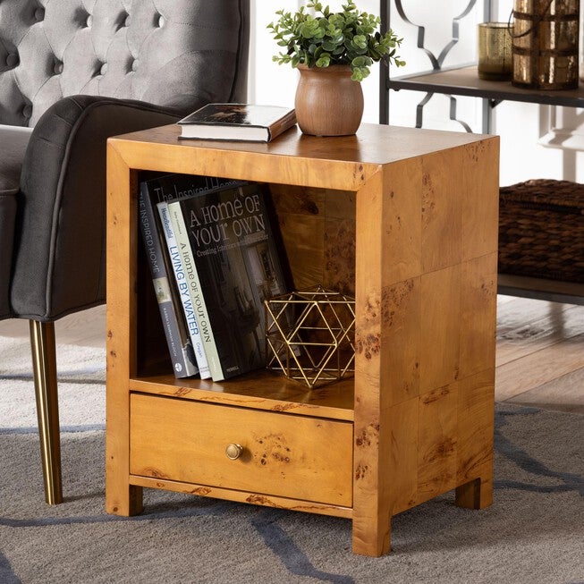 Camira Modern and Contemporary Natural Light Mappa Real Burl Wood 1-Drawer Nightstand, LIGHT MAPPA BURL, hi-res image number null