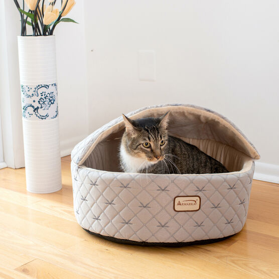 Cuddle Cave Cat Bed With Detachable & Collasible Zipper Top, Small, Pale Silver and Beige, , alternate image number null