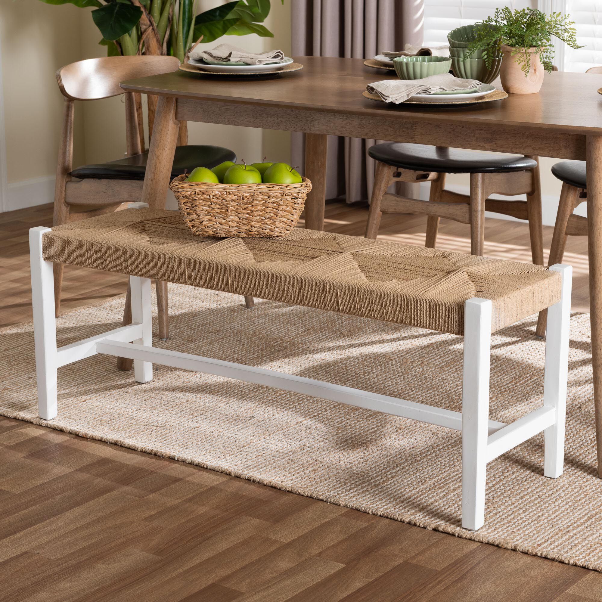 Prita Woven Paper Loom Bench with Mahogany Wood Frame, WHITE, hi-res image number 0