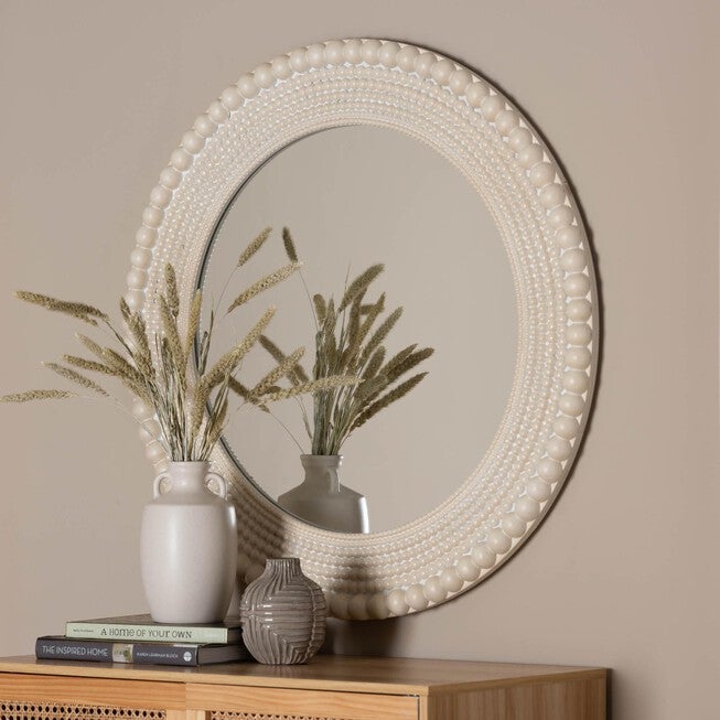 Grazia Modern Round Beaded-framed Accent Mirror in Pearl White, PEARL WHITE, alternate image number null