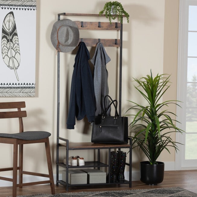 Edan Modern Industrial Walnut Brown Finished Wood And Black Metal Freestanding Coat Hanger, , alternate image number null