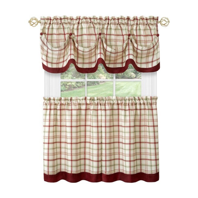 Tattersall Window Curtain Tier Pair and Valance Set - 58x24, BURGUNDY, hi-res image number null