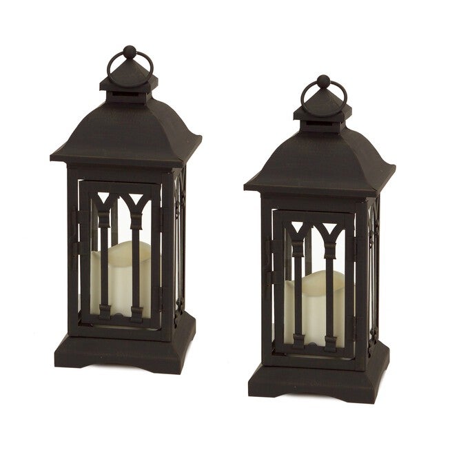 Lantern w/3 inchesx3 inches LED Candle (Set of 2) 12.25 inchesH Iron/Glass/Plastic - 2 AA Batteries Not Incld., BLACK, hi-res image number null