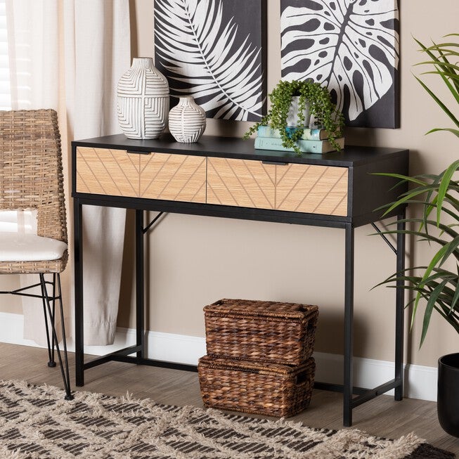 Jacinth Modern Industrial Two-Tone Black And Natural Brown Finished Wood And Black Metal 2-Drawer Console Table, , alternate image number null