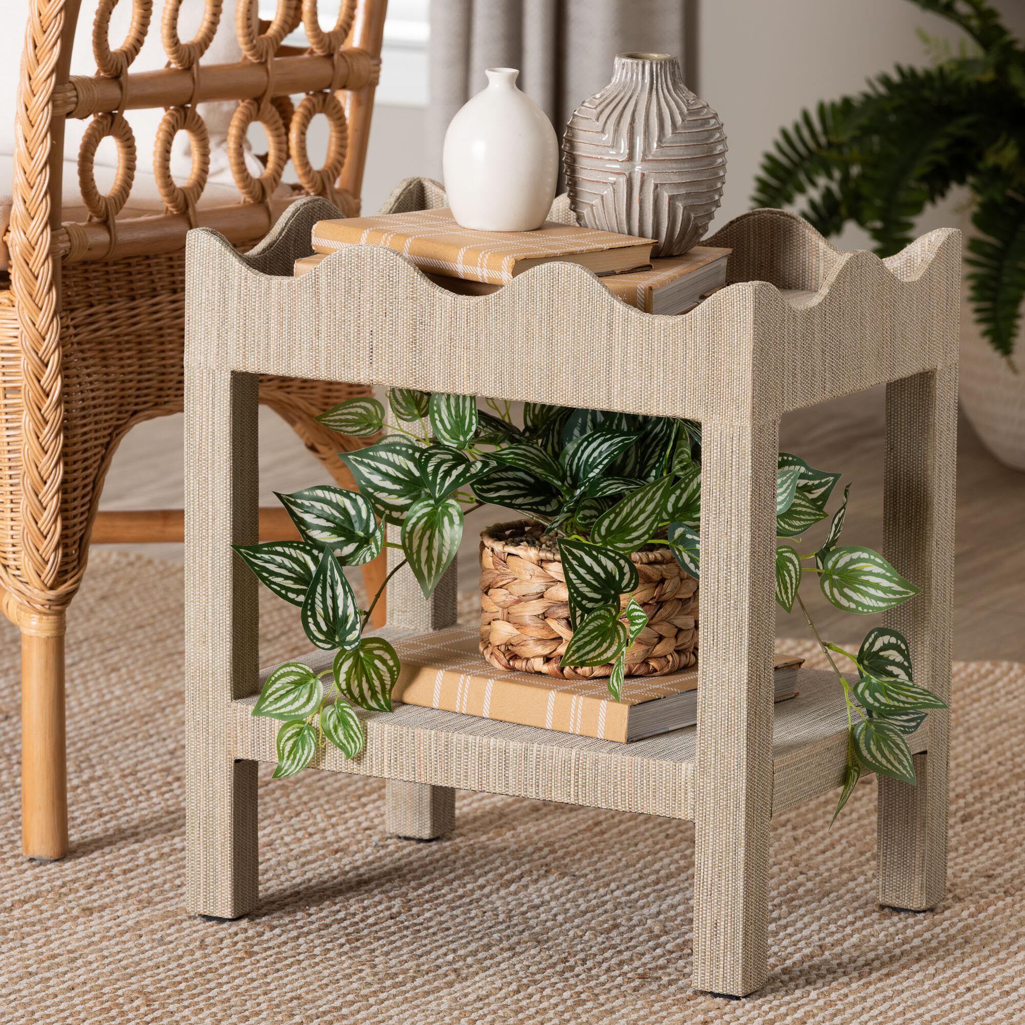 Sebastian Grasscloth Beige Scalloped End Table