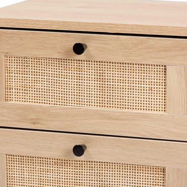 Sherwin Mid-Century Modern Light Brown And Black 2-Drawer End Table With Woven Rattan Accent, , alternate image number null