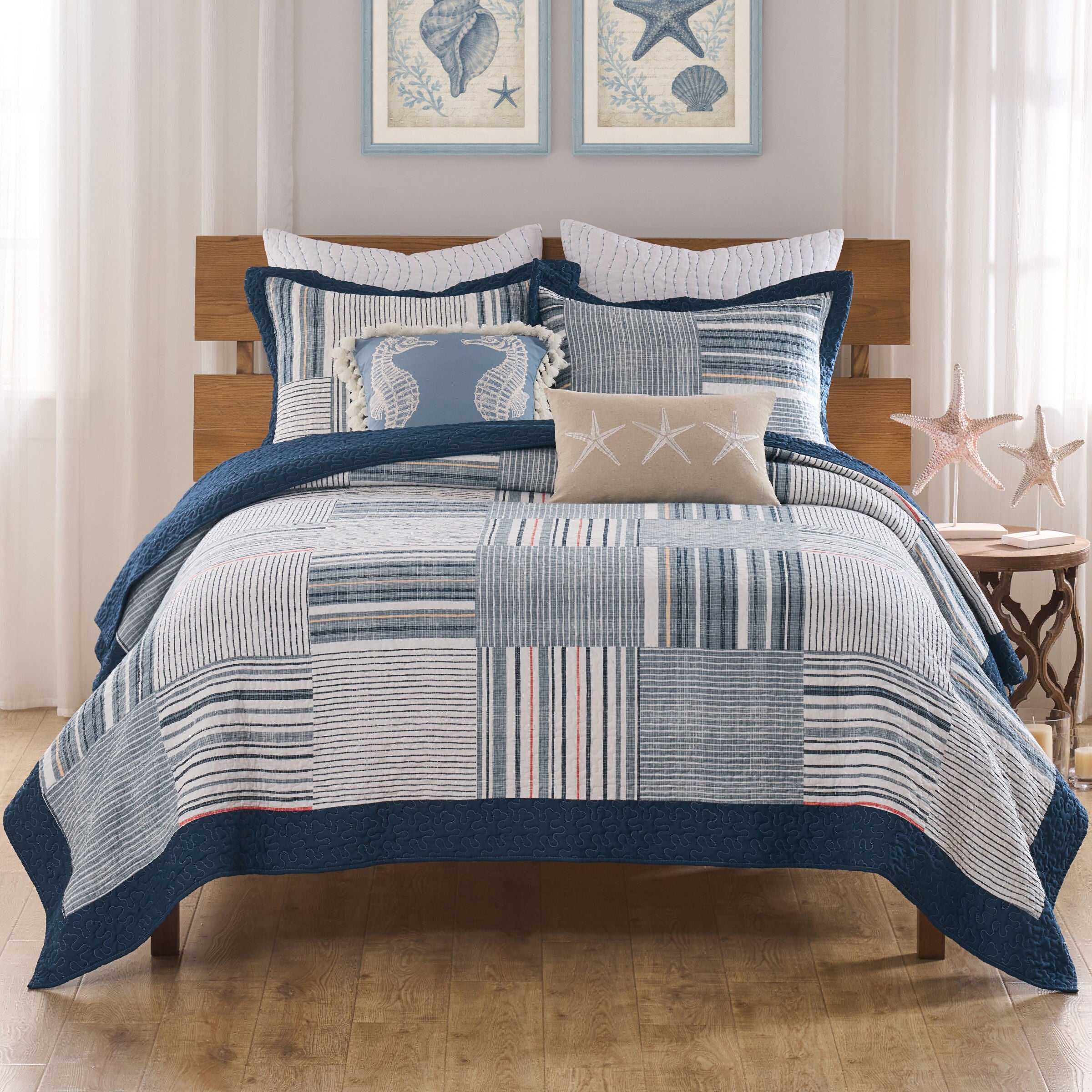 Voyage Nautical Navy Stripes Patchwork Quilt Set